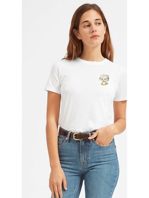 Qivi Üzgün Ağlayan Baykuş Göğüs Baskılı Beyaz Kadın Tshirt