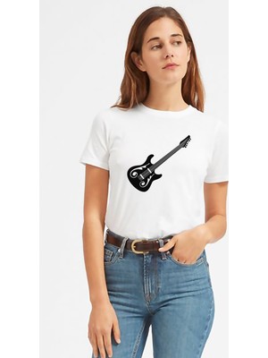 Qivi Bas Gitar Siyah ve Beyaz Elektro Baskılı Beyaz Kadın Tshirt