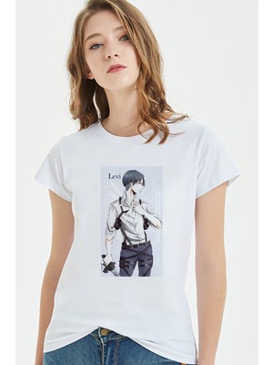 Qivi Anime Attack On Titan Baskılı Beyaz Kadın Tshirt