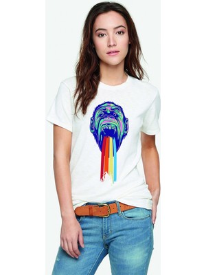 Qivi Monkey Baskılı Beyaz Kadın Tshirt