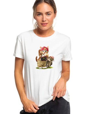 Qivi Kedicik ve Baykuş Fotoğrafm Makinesi Camera Baskılı Beyaz Kadın Tshirt