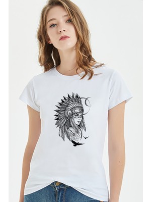Qivi Kızılderili Kız Kuş Baskılı Beyaz Kadın Tshirt