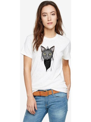 Qivi Cat Inside Baskılı Beyaz Kadın Tshirt