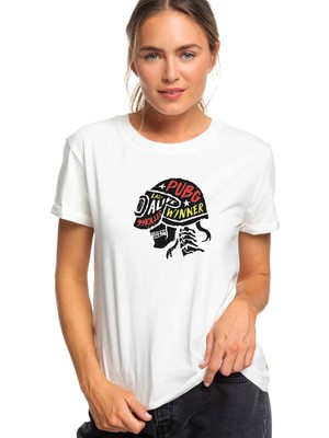 Qivi Pubg Helmet Kurukafa Skull Baskılı Beyaz Kadın Tshirt