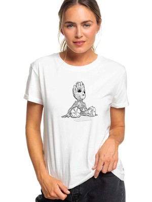 Qivi Groot Coloring Baskılı Beyaz Kadın Örme Tshirt