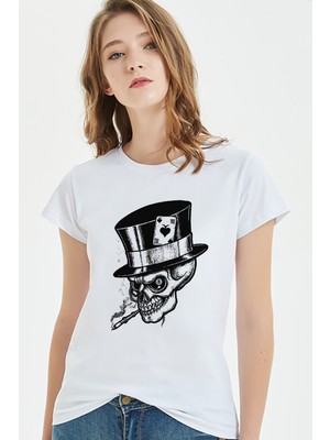 Qivi Gamblıng Smoke Skull Baskılı Beyaz Kadın Tshirt