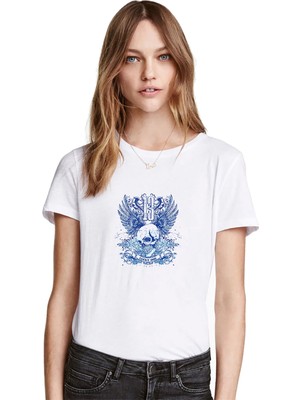 Qivi Beyaz ve Mavi Kafatası Baskılı Beyaz Kadın Tshirt