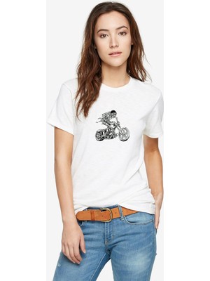 Qivi Motosikletli Iskelet Baskılı Beyaz Kadın Tshirt