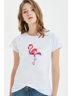 Qivi Flamingo Suluboya Resim Baskıresim Çizim Flamingolar Baskılı Beyaz Kadın Tshirt