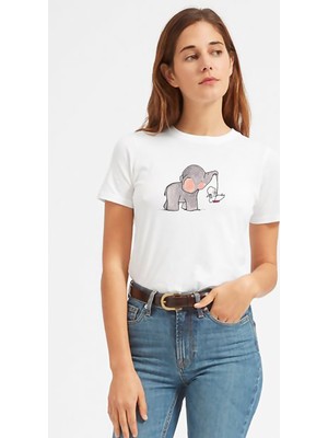 Qivi Sevimli Fil Tavşan Salıncak Baskılı Beyaz Kadın Tshirt