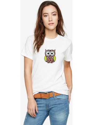 Qivi Baykuş Baskılı Beyaz Kadın Tshirt