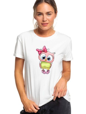 Qivi Baykuş Kız Pembe Baskılı Beyaz Kadın Tshirt