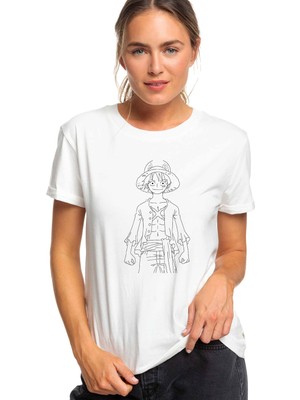 Qivi Anime One Piece Baskılı Beyaz Kadın Tshirt