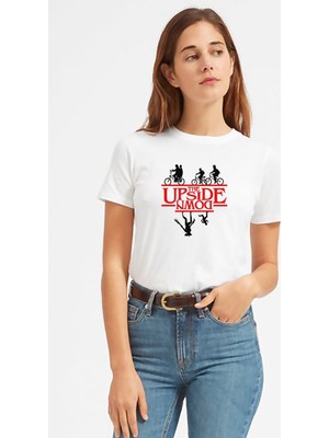 Qivi Stranger Things The Upside Down Baskılı Beyaz Kadın Tshirt