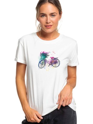 Qivi Bisiklet Sulu Boya Baskılı Beyaz Kadın Tshirt