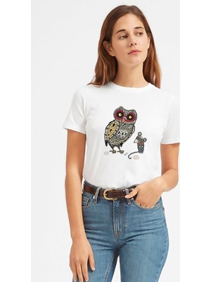 Qivi Baykuş ve Fare Baskılı Beyaz Kadın Tshirt
