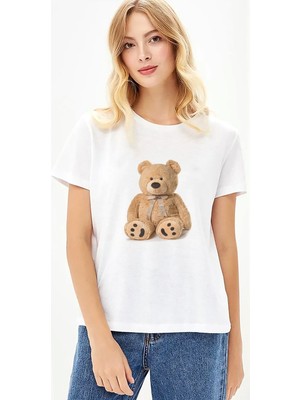 Qivi Polo Bear Baskılı Beyaz Kadın Tshirt