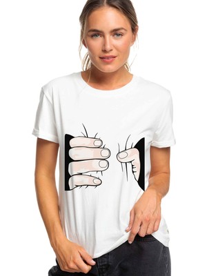 Qivi Handpres Baskılı Beyaz Kadın Tshirt