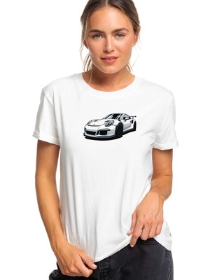 Qivi Porsche Gt3 Rs 991 Baskılı Beyaz Kadın Tshirt