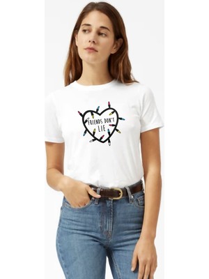 Qivi Stanger Things Friends Don't Lie Heart Kadın Beyaz Tshirt