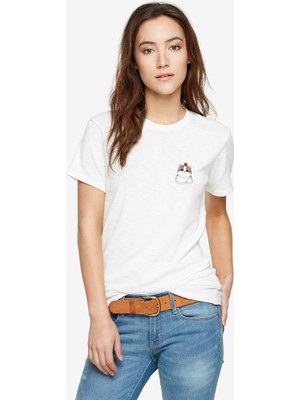 Qivi Kedi Sevimli Göğüs Baskılı Beyaz Kadın Tshirt