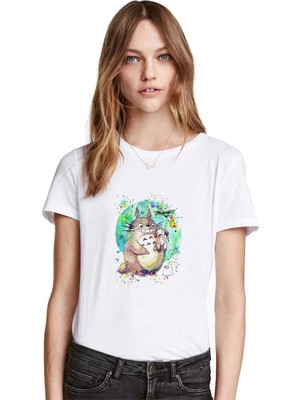 Qivi My Neighbor Komşum Totoro Baskılı Beyaz Kadın Tshirt