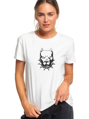 Qivi Amerikan Pit Bull Terrier Bulldog Yavrusu Baskılı Beyaz Kadın Tshirt