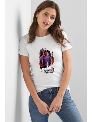 Qivi Stranger Things Dustin Wallpaper Kadın Beyaz Tshirt