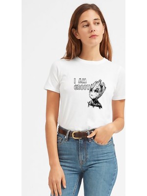 Qivi I Am Groot Wood Text Baskılı Beyaz Kadın Tshirt