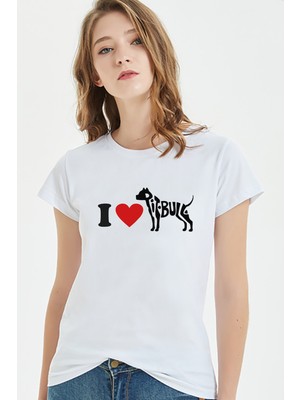 Qivi I Love Pitbull Baskılı Beyaz Kadın Tshirt