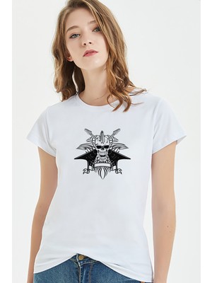 Qivi Rock Kurukafa Baskılı Beyaz Kadın Tshirt