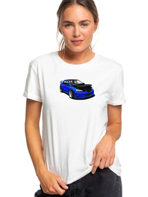 Qivi Subaru Impreza Stı Blue Baskılı Beyaz Kadın Tshirt