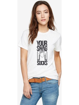 Qivi Your Swag Sucks Baskılı Beyaz Kadın Tshirt