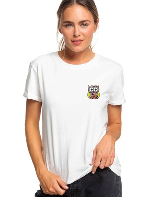 Qivi Baykuş Göğüs Baskılı Beyaz Kadın Tshirt
