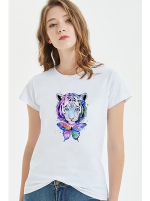 Qivi Watercolor Tiger Kadın Beyaz Tshirt