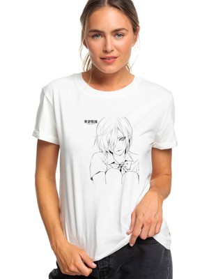 Qivi Anime Tokyo Ghoul Anteiku Baskılı Beyaz Kadın Tshirt