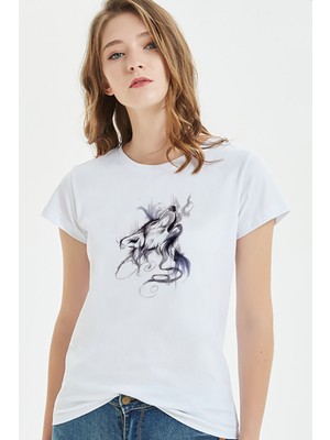 Qivi Watercolor Wolf Kadın Beyaz Tshirt