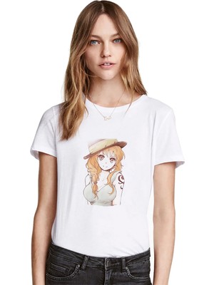 Qivi Anime One Piece Prates Baskılı Beyaz Kadın Tshirt
