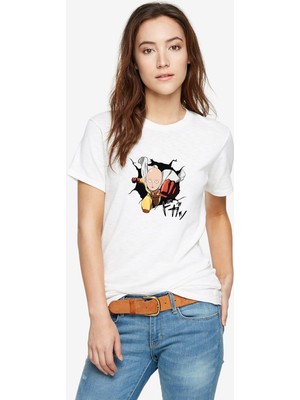 Qivi Anime One Punch Man Baskılı Beyaz Kadın Tshirt
