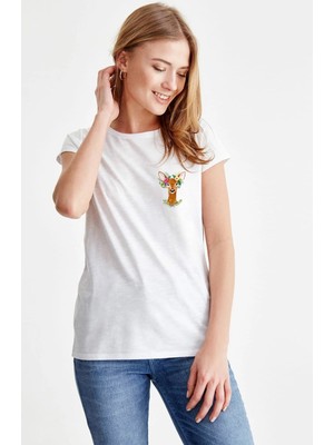 Qivi Watercolor Deer Kadın Beyaz Tshirt