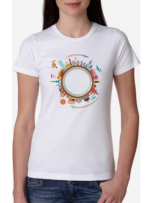 Qivi Silhouette Travel Globalization Kadın Beyaz Tshirt