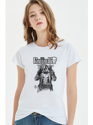 Qivi The Punisher Frank Castle Baskılı Beyaz Kadın Tshirt