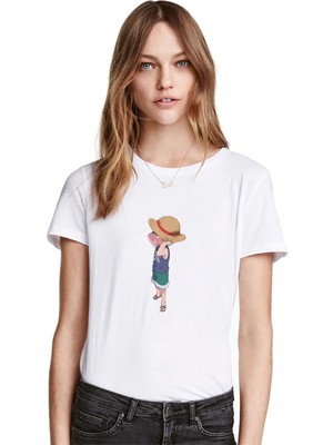 Qivi Anime One Piece Luffy Straw Baskılı Beyaz Kadın Tshirt