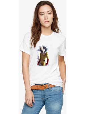 Qivi Anime One Punch Man Baskılı Beyaz Kadın Tshirt