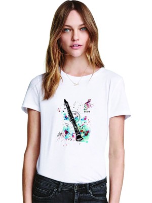 Qivi Fülüt Music Baskılı Beyaz Kadın Tshirt