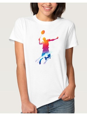 Qivi Watercolor Badminton Kadın Beyaz Tshirt