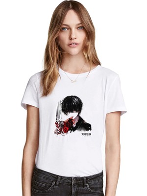 Qivi Anime Tokyo Ghoul Anteiku Baskılı Beyaz Kadın Tshirt
