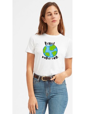 Qivi Respect Mother Earth Baskılı Beyaz Kadın Tshirt
