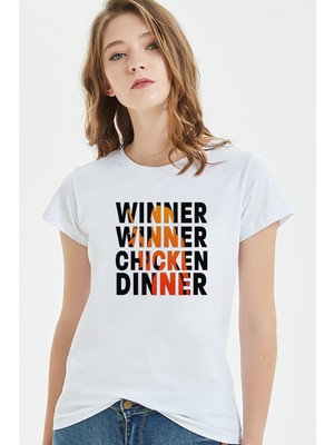 Qivi Pubg Winner Winner Chıcken Dınner Baskılı Beyaz Kadın Tshirt