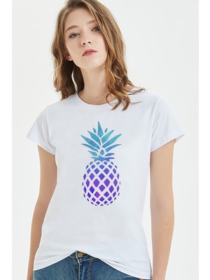 Qivi Watercolor Pineapple Kadın Beyaz Tshirt
